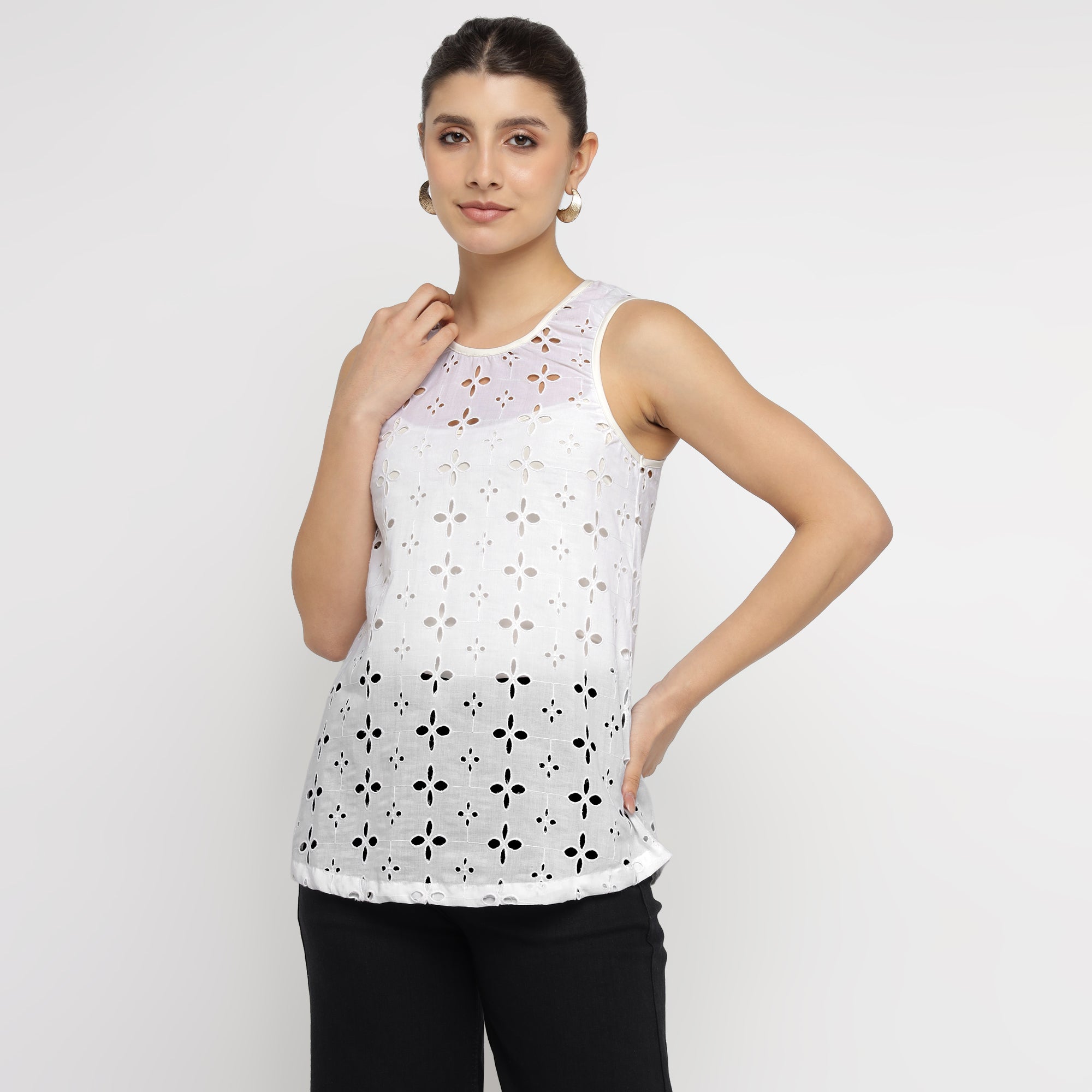 White Cotton Broderie Anglaise Sleeveless Top